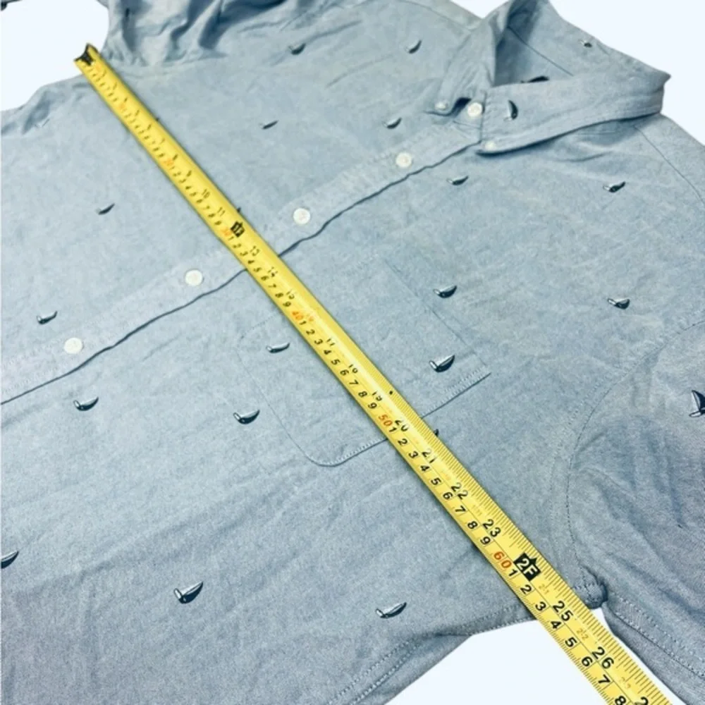 J Crew Dress Shirt Mens XL 17-17.5 Flex Button Up Denim‎ Blue Sailboat Print